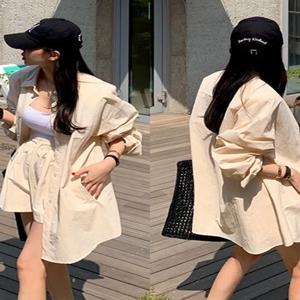 레트로 턴 다운 칼라 신축성있는 반바지가있는 싱글 버튼 루즈 한 태양 보호 셔츠 캐주얼 세트 투피스 슈트 여성 패션