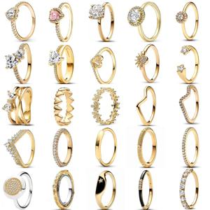 New Gold Color Rings White Pink Stone Bow Ring For Women Original Wedding Luxury Jewelry 925 Sterling Silver
