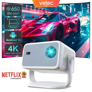 Velec 넷플릭스 인증 프로젝터, 안드로이드 13, 4K 네이티브 1080P 650ANSI, 자동 초점 와이파이 6, BT5.2, 360 ° 홈 야외 프로젝터