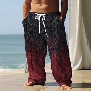 여름 남성 코튼 린넨 캐주얼 바지 레트로 에스닉 인쇄 중반 허리 Drawstring 클로저 대형 와이드 레그 비치 바지