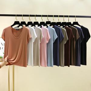 플러스 사이즈 L ~ 6XL U 넥 여성용 티셔츠 반팔 모달 티셔츠 얇은 바닥 티셔츠 솔리드 컬러 루즈 티셔츠 모든 경기
