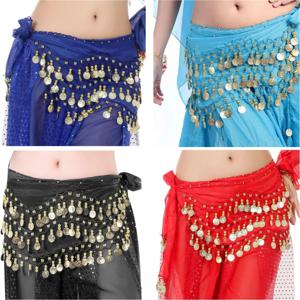 1PC 밸리 댄스 3 행 벨트 골드 톤 동전 벨트 여성 140cm 스팽글 Tassels 쉬폰 엉덩이 스카프 액세서리 Bellydance 벨트
