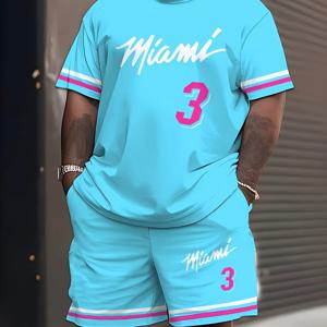 2025 New Men MIAMI NO.3 프린트 캐주얼 반소매 티셔츠 반바지 세트 성인 농구 저지 조깅 슈트 2 피스 세트 의류