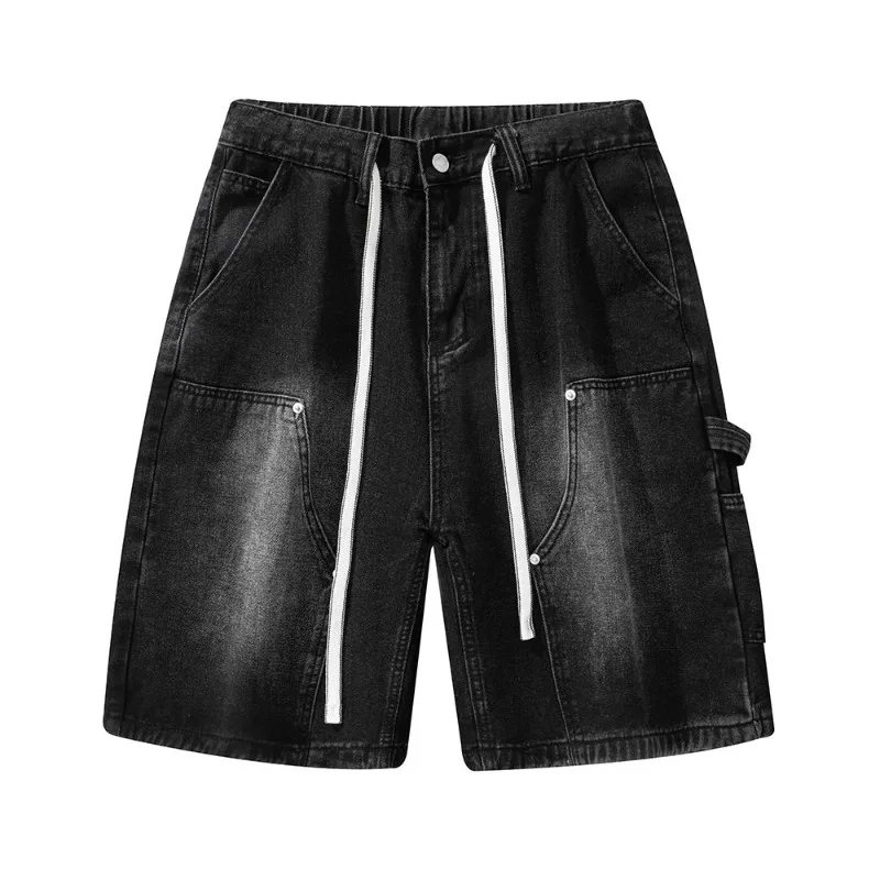 패션 streetwear 남성 데님 반바지 여름 느슨한 빈티지 하라주쿠 접합 힙합 카고 모토 짧은 청바지 블랙 블루