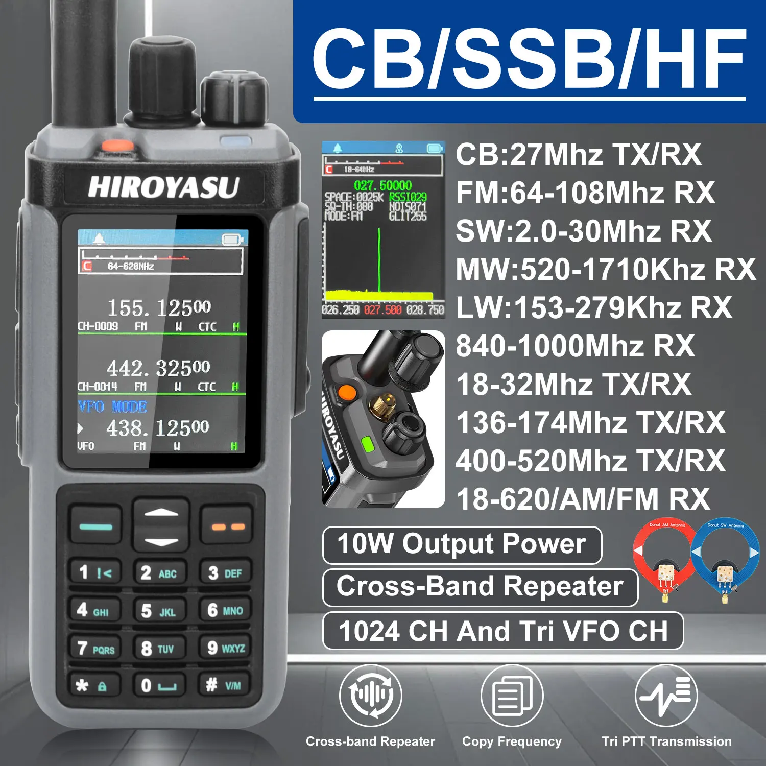 HIROYASU HW-UV938 HF 워키 토키 SW MW LW 18-620MHz 840-1000MHz 에어 밴드 풀 밴드 크로스 밴드 리피터 스크램블러 NoAA AM/FM Rx