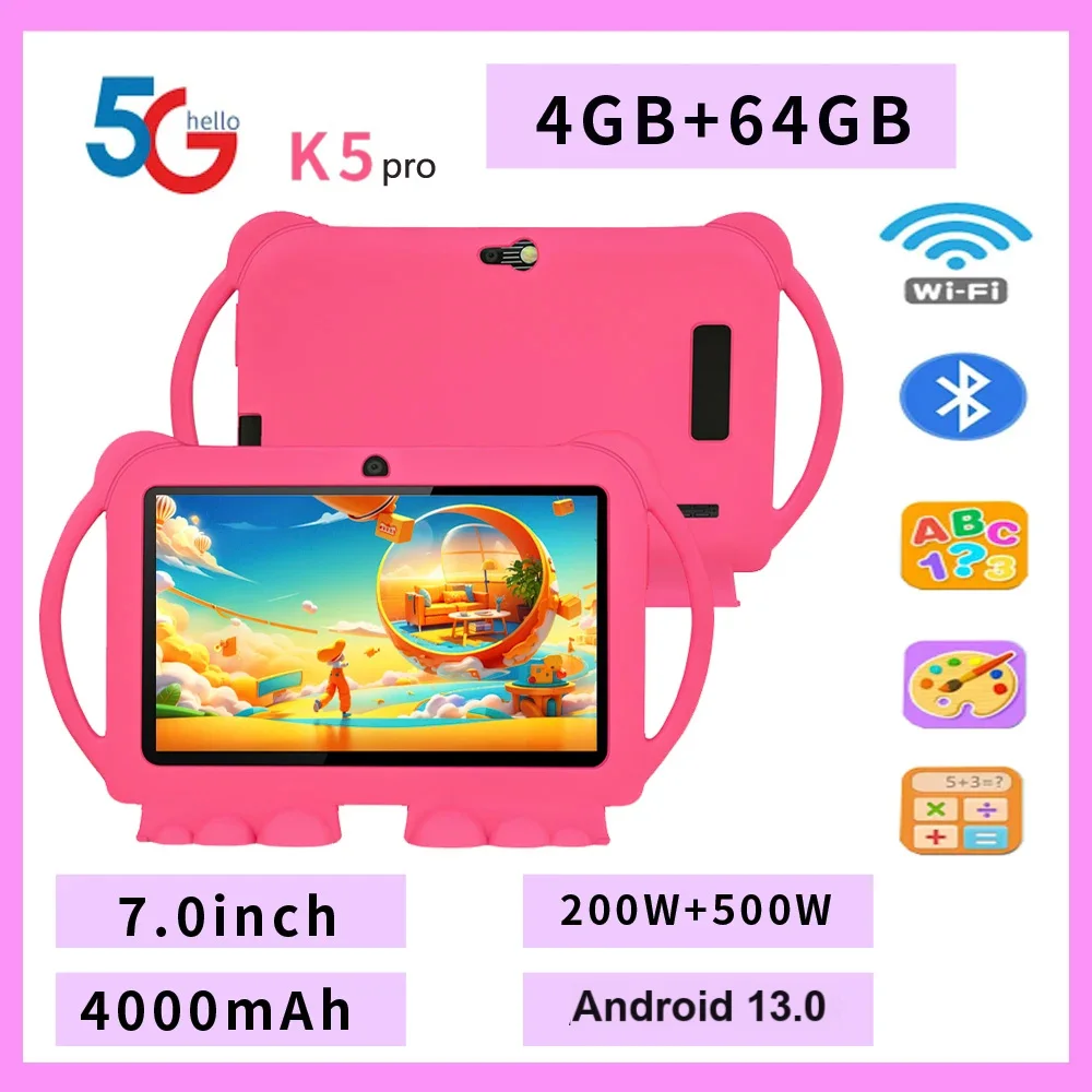 새로운 5G WIFI 7 인치 어린이 태블릿 4GB + 64GB ROM 미니 패드 쿼드 코어 듀얼 카메라 어린이 방지 보호 케이스 태블릿 안드로이드 13
