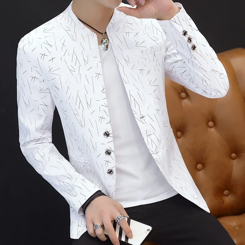 HOO 2025 남성용 캐주얼 칼라 블레이저, 젊은이, 잘 생긴 트렌드, 슬림 프린트 블레이저, 5XL, 6XL