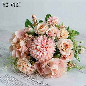 YO CHO 웨딩 부케 인공 실크 장미 모란 꽃 신부 꽃다발 핑크 수국 Pompom 버드 바닐라 스파이크 웨딩 용품