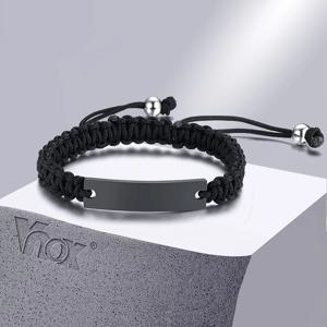 Vnox 캐주얼 남성 꼰 로프 체인 팔찌 맞춤 이름 날짜 초기 견적 사용자 정의 조각 길이 조정 가능