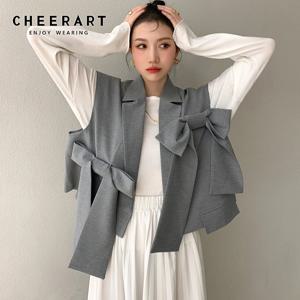 CHEERART 디자이너 패션 여성 Gilet 그레이 조끼 보우 민소매 블레이저 코트 루즈 크롭 자켓 싱글 버튼 허리 코트