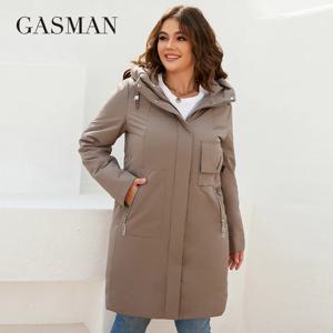 GASMAN 여성 자켓 봄 2022 긴 패션 여성 코트 후드 허리 라인 캐주얼 아웃웨어 브랜드 고품질 레이디 파커 8293