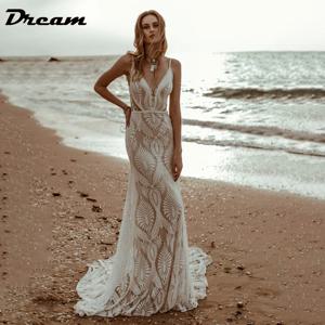 DREAM 맞춤형 섹시한 레이스 브이넥 비치 인어 웨딩 드레스, 2025 스파게티 스트랩 신부 드레스, 백리스 베스티도 드 노비아