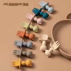 식품 학년 유아 부드러운 실리콘 먹이 식기 유아 어린이 만화 팬더 미니 훈련 포크 스푼 세트 아기 액세서리