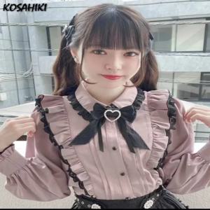 일본 카와이 레이스 프릴 셔츠 여성 Y2k 핑크 보우 블라우스 하라주쿠 귀여운 숙녀상의 2025 새로운 패션 로리타 블라우스 Femme
