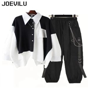 2PCS 여성 streetwear 복장 느슨한 긴 소매 셔츠 리본 체인 카고 바지 2 조각 세트 한국어 캐주얼 남여 커플 정장