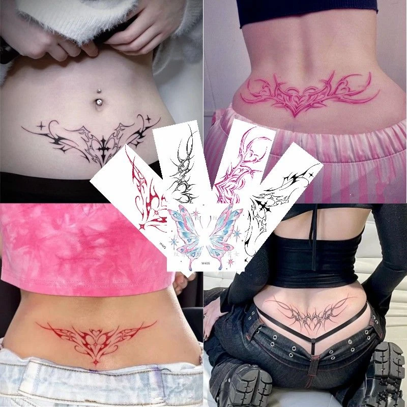 5Pcs 세트 섹시한 임시 문신 스티커 사랑 섹시한 서큐버스 문신 커버 흉터 유혹 핑크 허리 여성을위한 지속적인 가짜 문신