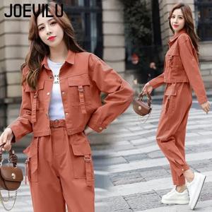 JOEVILU 2PCS streetwear tracksuit 카고 코트 캐주얼 바지 2 피스 세트 여성 의상 봄과 가을 한국 패션 y2k 정장