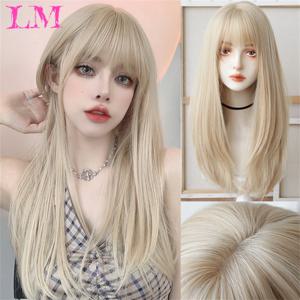 LM 라이트 금발 웨이브 머리 가발 합성 긴 물결 모양의 가발 여성용 앞머리 코스프레 자연 고온 섬유