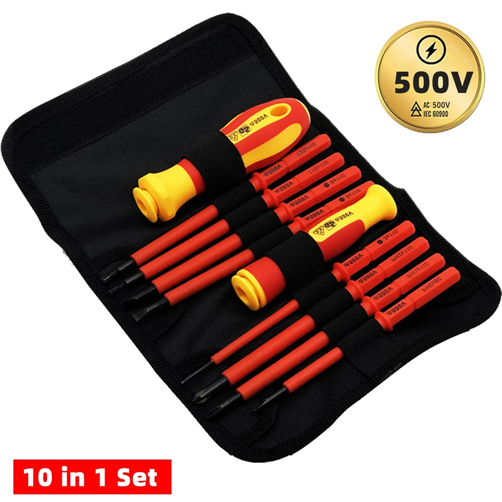 10Pcs 교환 가능한 블레이드 VDE 절연 스크루 드라이버 세트 케이스 자기 500V 가정 및 전문 사용 전기 도구