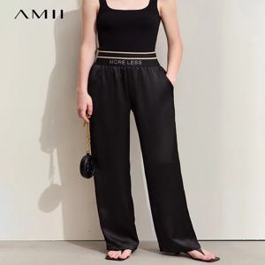 Amii 미니멀리즘 2024 여성용 와이드 레그 캐주얼 바지, 레터 자수 고무 밴드 허리 패션, 여성 바지 12422121, 여름 신상