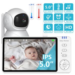 팬 틸트 어린이 카메라가 장착된 5인치 IPS 비디오 베이비 모니터 무선 양방향 오디오 야간 투시경 보안 베이비시터 VOX 웨이크업 USB 충전