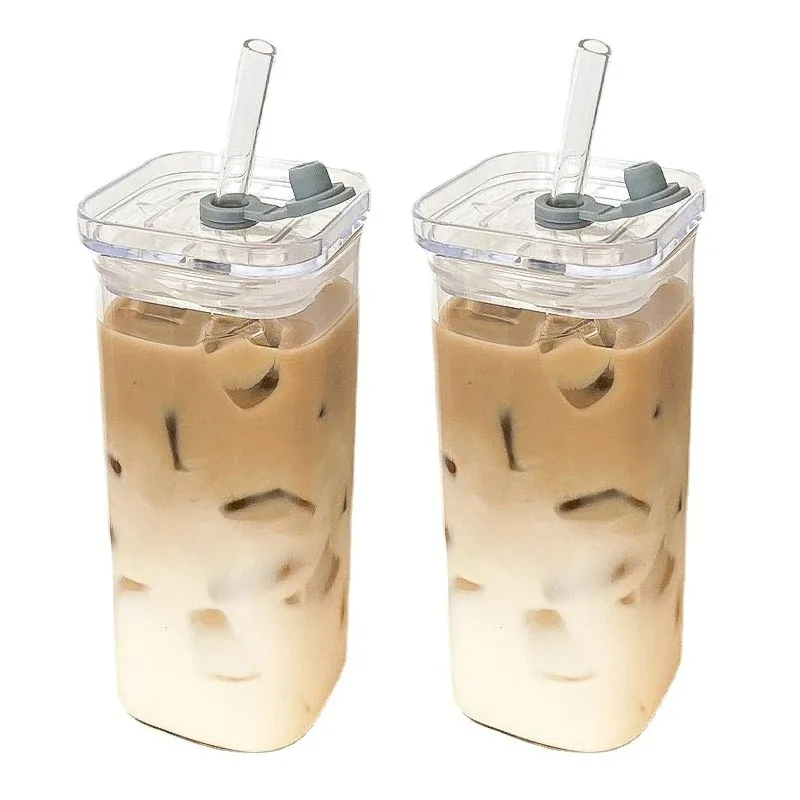 뚜껑과 밀짚 투명 우유 차 주스 컵 커피 머그잔 홈 바 Drinkware에 대 한 1Pcs 사각형 내열성 커피 유리 컵