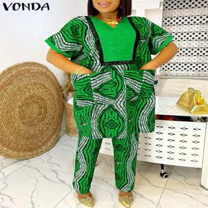 플러스 사이즈 5XL 여성 세트 여름 인쇄 Loungewear 바지 세트 VONDA 2024 빈티지 짧은 소매 탑 루즈 한 바지 정장 두 조각