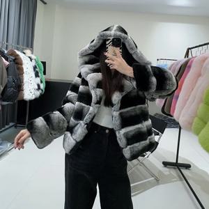 여성용 천연 렉스 토끼 모피 코트, 짧은 후드 재킷, 친칠라 모피 베스트 셀러, 진짜 모피, 럭셔리 재킷, 겨울, 2024 신상