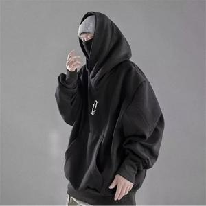 가을 자수 터틀넥 남성용 후드 티셔츠 일본 닌자 오버 사이즈 후드 힙합 양털 포켓 streetwear y2k Hoody