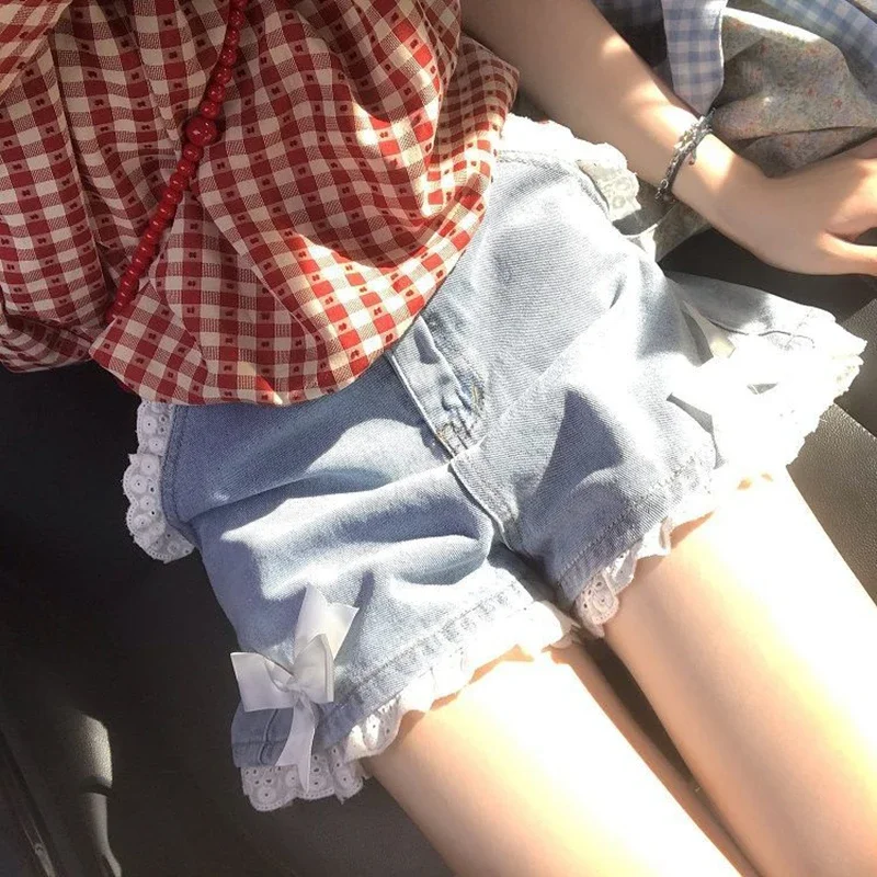 여성용 귀여운 활 데님 반바지, 일본 레이스 패치워크 배기 진 반바지, Y2K 하라주쿠 하이웨이스트 와이드 레그 반바지, 여름 신상