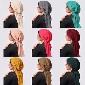 라마단 Crinkle 이슬람 Hijab 모자 랩 헤드 부드러운 탄성 긴 꼬리 터번 보닛 패션 솔리드 컬러 머리 장식 착용 가능