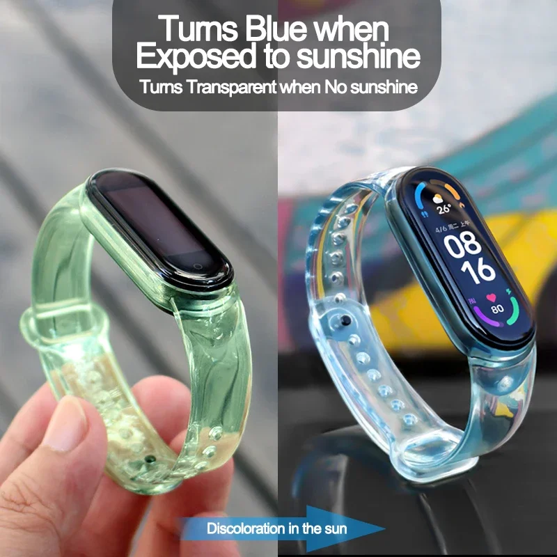 Xiaomi Mi Band 7 6 5 4 3 용 변색 스트랩 Miband6 7 5 4 팔찌 팔찌 용 실리콘 투명 색상 Chang 시계 밴드