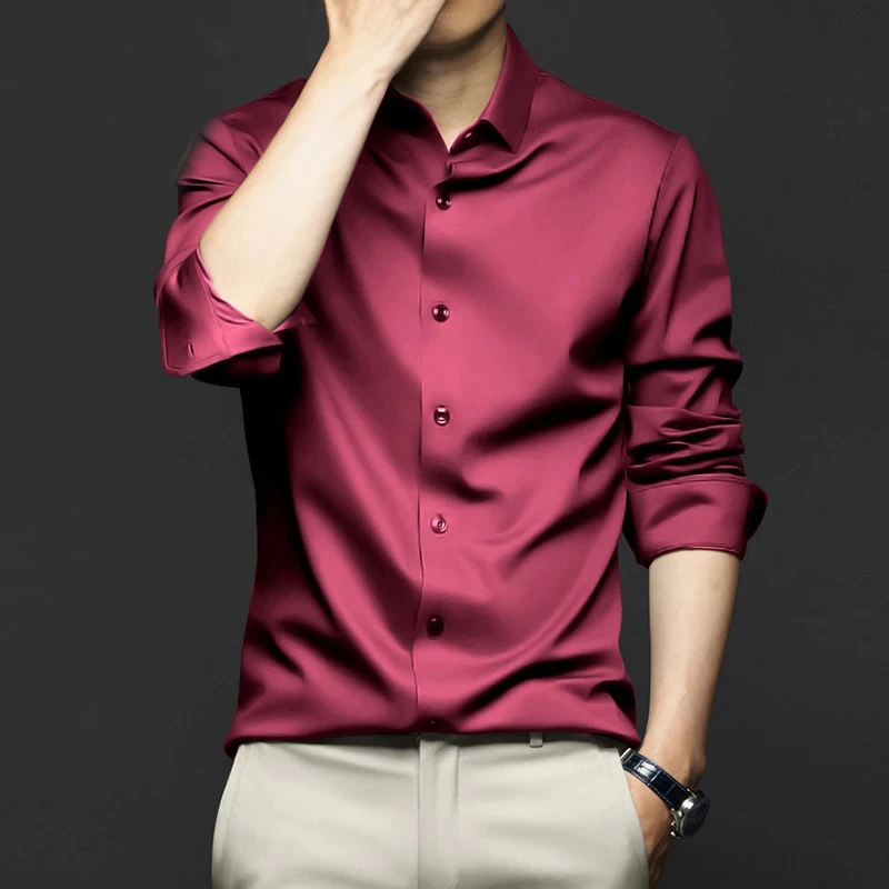 5XL 대형 남성 드레스 순수한 흰색 셔츠 고품질 공식 가을 봄 비 철 비즈니스 캐주얼 아이스 실크 사회 스트레치 부드러운