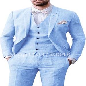우아한 베이지 및 블루 리넨 남성용 정장, 캐주얼 싱글 브레스트 슬림핏 블레이저 조끼 바지 하이 퀄리티, 3 피스 여름 웨딩 수트