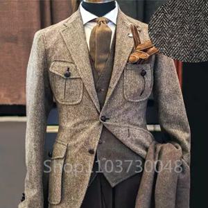 XS-6XL 남성 정장 브라운 헤링본 블레이저 턱시도 전용 코트 울 트위드 싱글 브레스트 공식 비즈니스/웨딩 댄스 파티 자켓