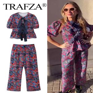 TRAFZA 꽃 프린트 블라우스 바지 정장 여성용 보우 레이스 업 O 넥 셔츠 캐주얼 하이 웨이스트 스트레이트 바지 여성 streetwear