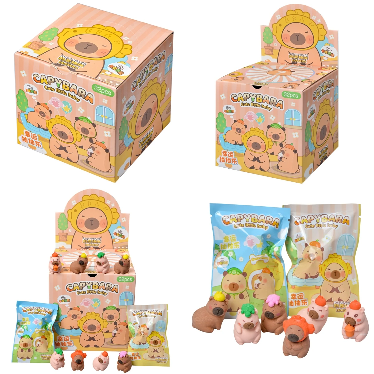 원래 상자 32Pcs Capybara 블라인드 가방 귀여운 캐릭터 작은 아기 고무 학습 편지지 모델 그림 장난감 어린이 선물