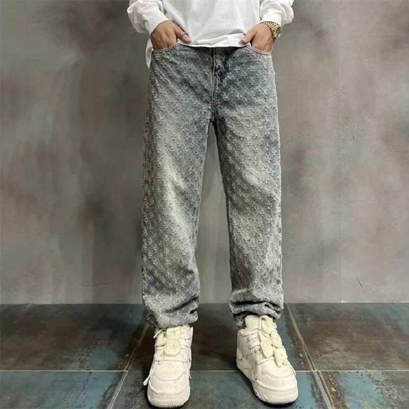 Jacquard All Over High Street Jeans Mens 2024 새로운 스트레이트 리프트 패턴 루즈 와이드 레그 청바지 캐주얼 보이프렌드 청바지 바지 조수
