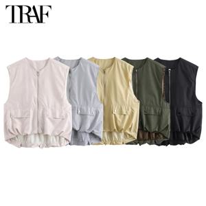 TRAF 여성용 구김 크롭 조끼, 오버사이즈 민소매 조끼, 지퍼, 여름 여성 맞춤형 조끼, 스트릿웨어, 여성 재킷