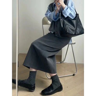 봄 새로운 회색 높은 허리 a 라인 스커트 정장 다시 분할 여성 긴 스커트 통근 스타일 폴리 에스터 섬유 순수한 색상