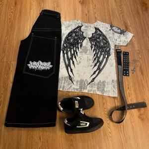 하라주쿠 Tapout 및 Wexwear 정장 그래픽 수 놓은 청바지 Y2K 청바지 트랙 슈트 t 셔츠 남성용 streetwear 블랙 스케이트 보드 바지