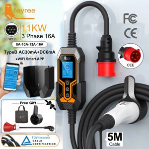 Feyree 휴대용 EV 충전기 어댑터 포함, 벽 거치대 타입 2 16A11KW, 3 상 와이파이 앱 제어 EVSE 충전 박스, 새로 업그레이드