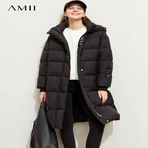AMII 미니멀리스트 보온 후드 긴 소매 덕 다운 재킷, 여성 겨울 레터 프린트, 루즈 아우터 코트, 12424044
