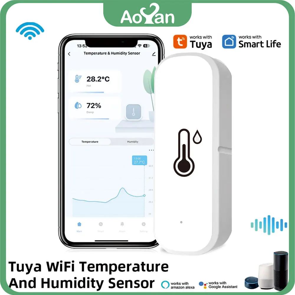 WiFi 스마트 온도 및 습도 센서 배터리 구동 앱 모니터링 스마트 홈 보안 Alexa Google 홈과 함께 작동