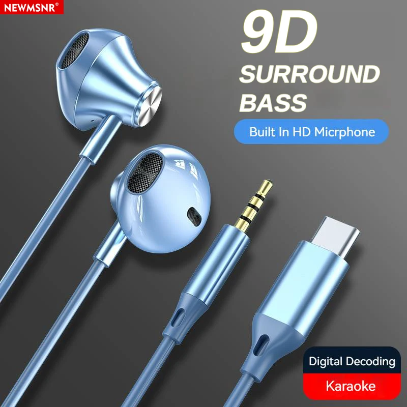 # 9D 스테레오 타입 C&3.5mm 게이머 헤드셋 유선 이어폰 이어폰형 헤드폰 HiFi 베이스 이어폰(삼성 이어버드용 마이크 핸즈프리)