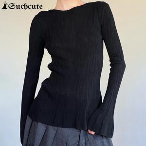 SUCHCUTE 단색 니트 플레어 슬리브 골지 티셔츠, 가을 겨울 캐주얼 패션 탑, 스트리트웨어, 기본 슬림핏 티