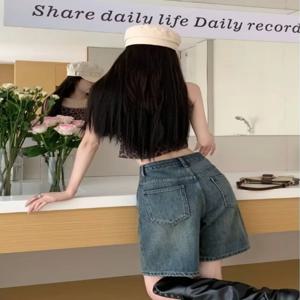 레트로 씻어 높은 허리 슬리밍 느슨한 맞는 5 인치 반바지 여성 여름 얇은 넓은 다리 청바지 스트레이트 컷 부츠 컷 바지