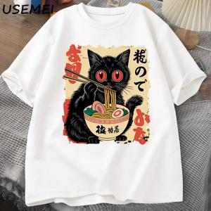 빈티지 일본 검은 고양이라면 티셔츠 귀여운 그래픽 티 재미 있은 고양이 먹는라면 티셔츠 인쇄 코튼 반팔 빈티지