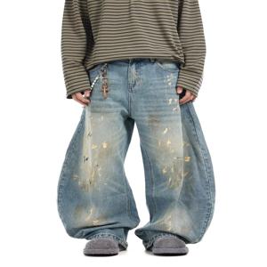 2025 사이버 Y2K streetwear 페인트 낙서 블루 헐렁한 청바지 바지 남성용 90s 빈티지 의류 악세사리 와이드 레그 데님 바지
