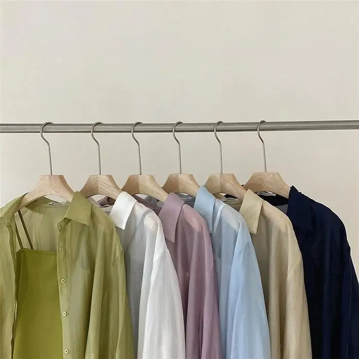 여성 여름 얇은 시폰 오픈 카디건 셔츠 선 스크린 투명한 느낌 긴 소매 폴로 칼라 레귤러 피트 겉옷